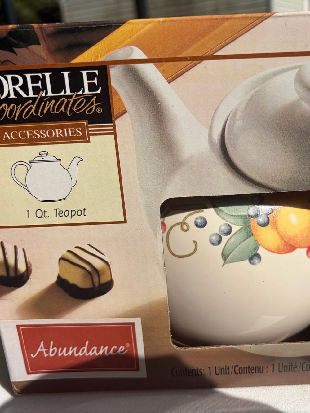 Corelle Abundance Ceramic Teapot White with Orange and Green Fruit Design